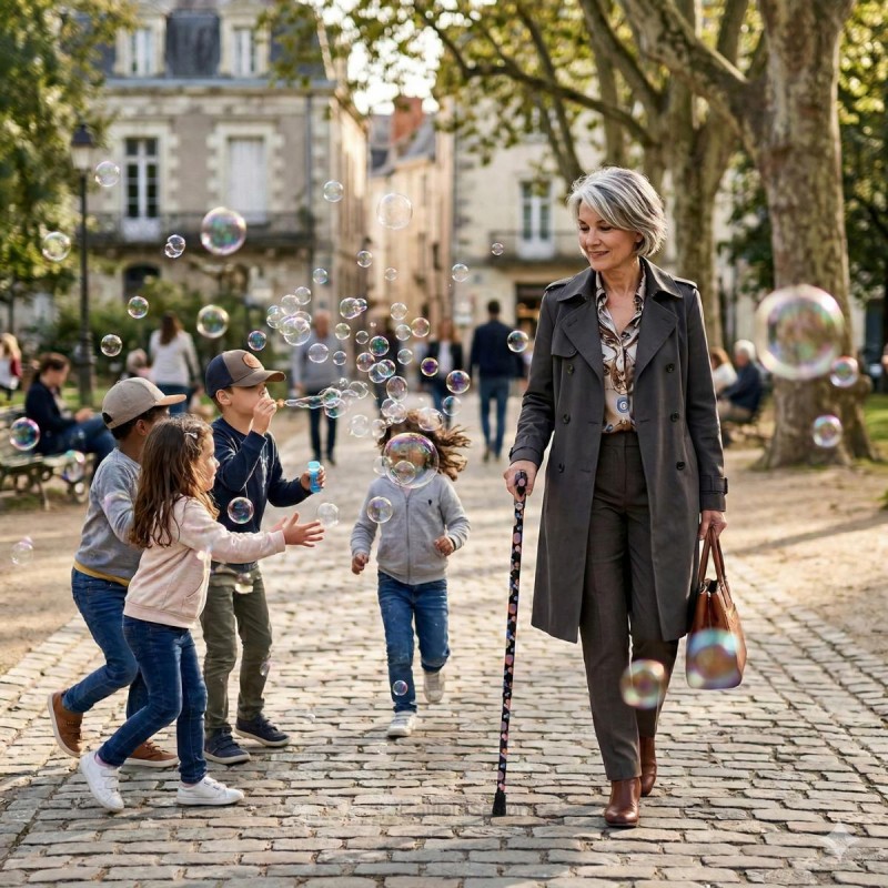 Femme senior souriante marchant avec sa canne de marche près de jolies bulles de savon.