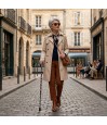 Superbe femme élégante au look très chic marchant dans la rue avec sa canne de marche.