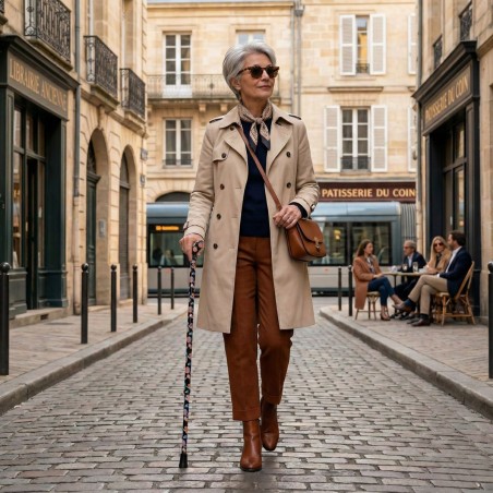 Superbe femme élégante au look très chic marchant dans la rue avec sa canne de marche.