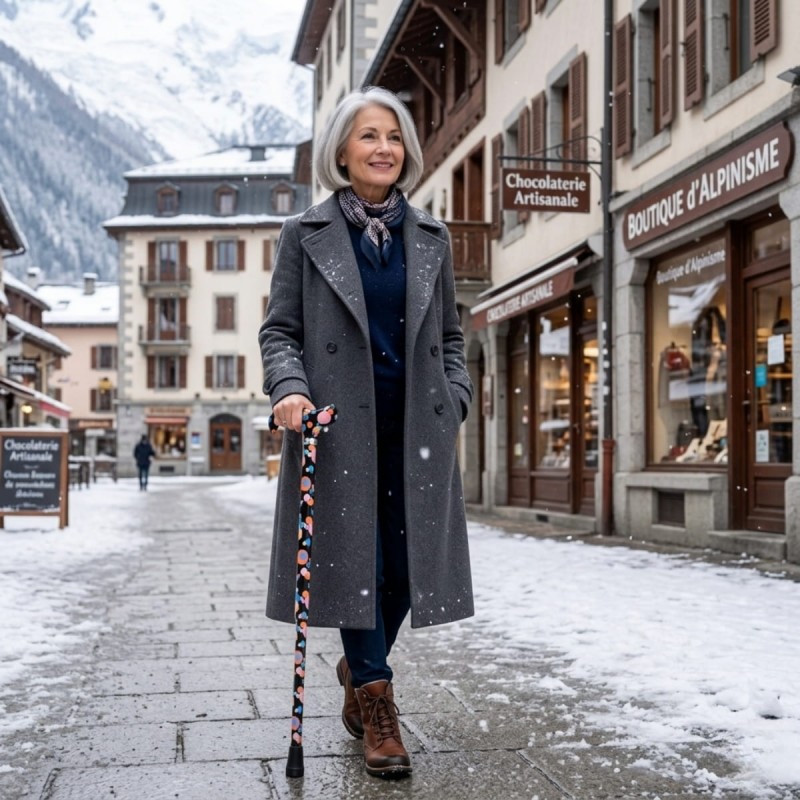 Femme senior marchant en toute confiance avec sa jolie canne de marche en plein hiver.