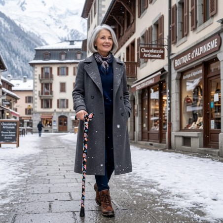 Femme senior marchant en toute confiance avec sa jolie canne de marche en plein hiver.