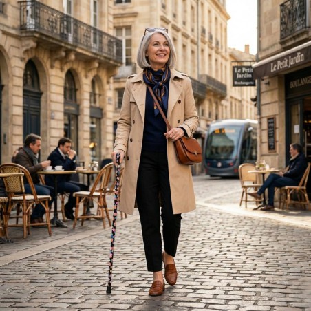 Femme élégante marchant dans la rue avec sa canne de marche originale et élégante.