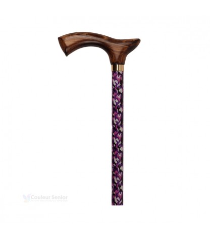Canne de marche pliante et réglable en aluminium, avec poignée en bois camouflage rose.