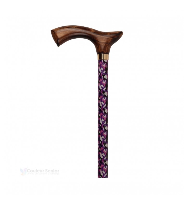 Canne de marche pliante et réglable en aluminium, avec poignée en bois camouflage rose.