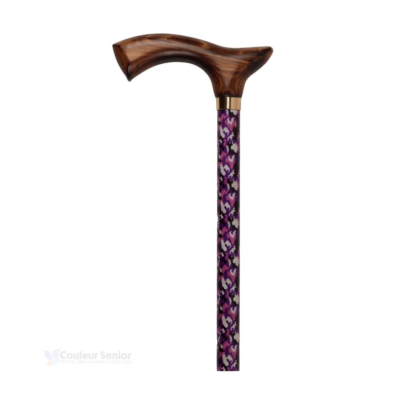 Canne de marche pliante et réglable en aluminium, avec poignée en bois camouflage rose.
