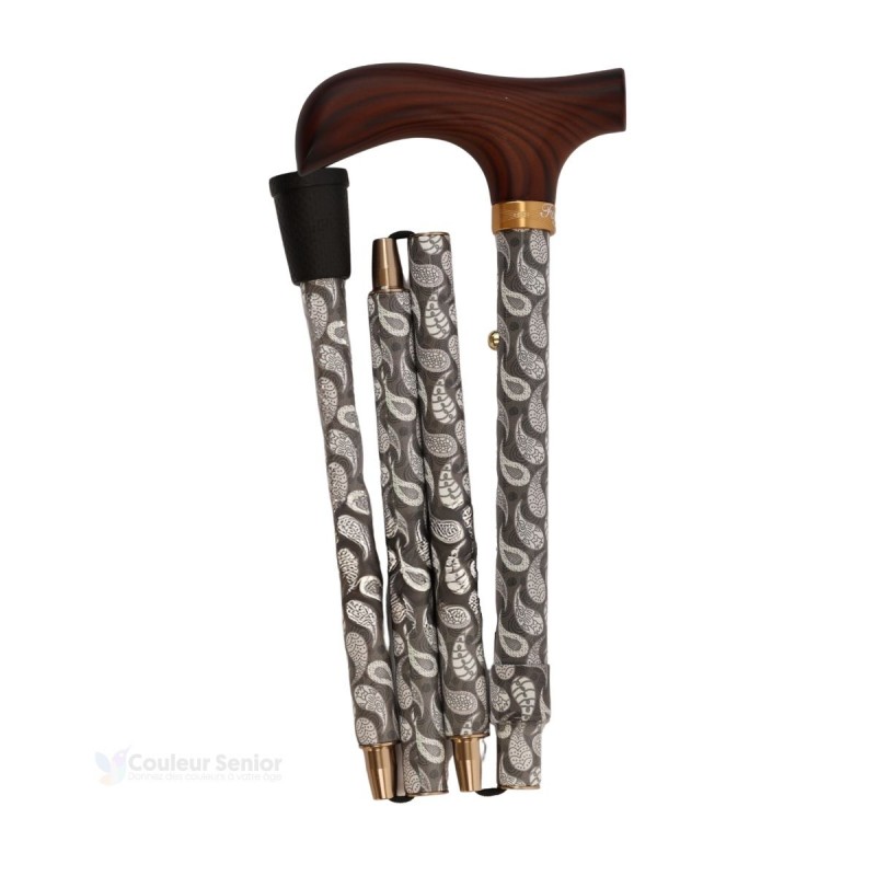 Canne de marche pliée pour femme, en aluminium gris, poignée T en bois élégante, design de luxe.