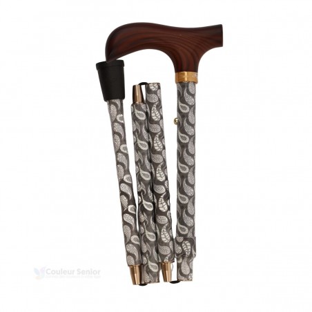 Canne de marche pliée pour femme, en aluminium gris, poignée T en bois élégante, design de luxe.