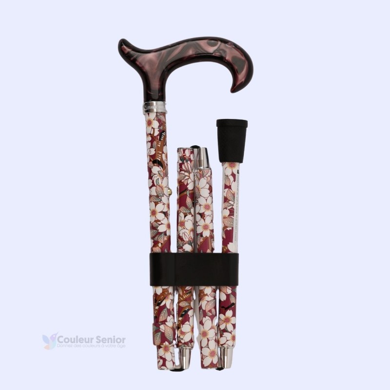 Canne de marche pliante et discrète pour femme, en aluminium, vieux rose à fleurs blanches.