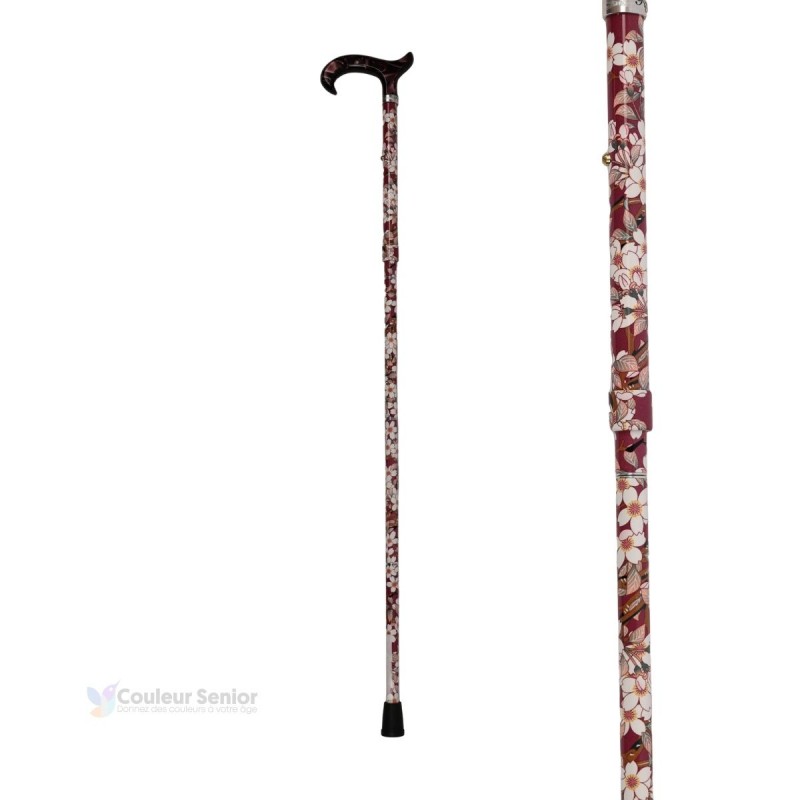 Canne de marche de luxe pour femme, aluminium vieux rose à fleurs blanches, discrète.
