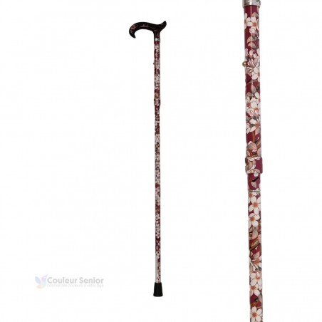Canne de marche de luxe pour femme, aluminium vieux rose à fleurs blanches, discrète.
