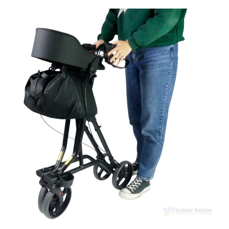 Rollator robuste pour la marche, avec 4 roues pliables de qualité pharmaceutique.