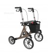 Ce déambulateur extérieur à 4 roues, de couleur brune, robuste, supporte jusqu'à 199 kg en toute sécurité.