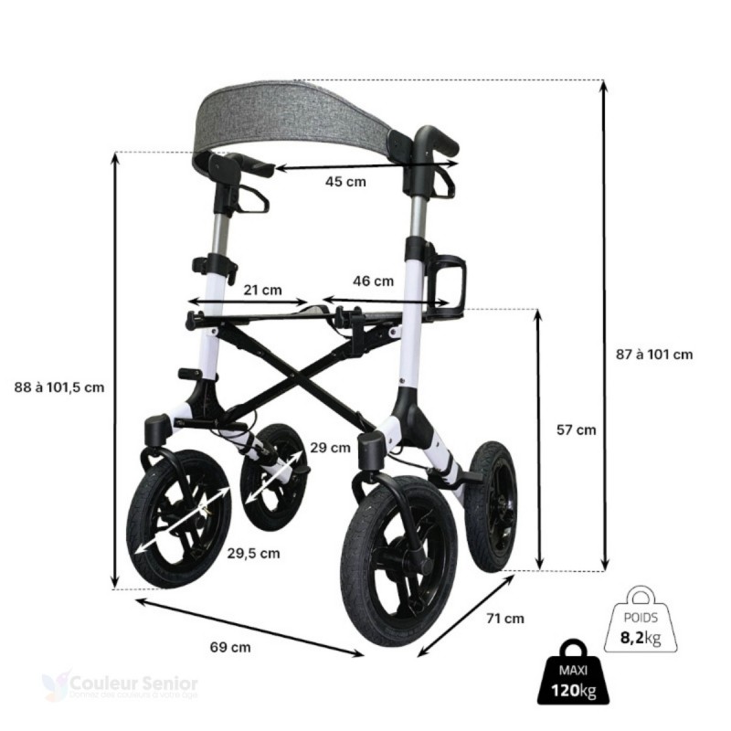 Mesures techniques du déambulateur à 4 roues NEO Fun blanc, idéal pour valider votre taille.