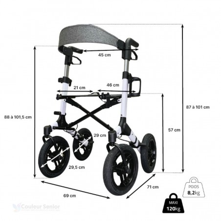 Mesures techniques du déambulateur à 4 roues NEO Fun blanc, idéal pour valider votre taille.