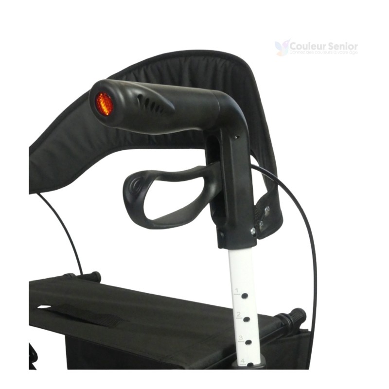 Rollator senior Neo Smart noir avec siège et dossier inclus, disponible en M ou L, portant jusqu'à 136 kg.