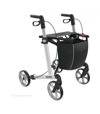 Le rollator premium Rehasense Server blanc est un déambulateur à 4 roues idéal pour les seniors.