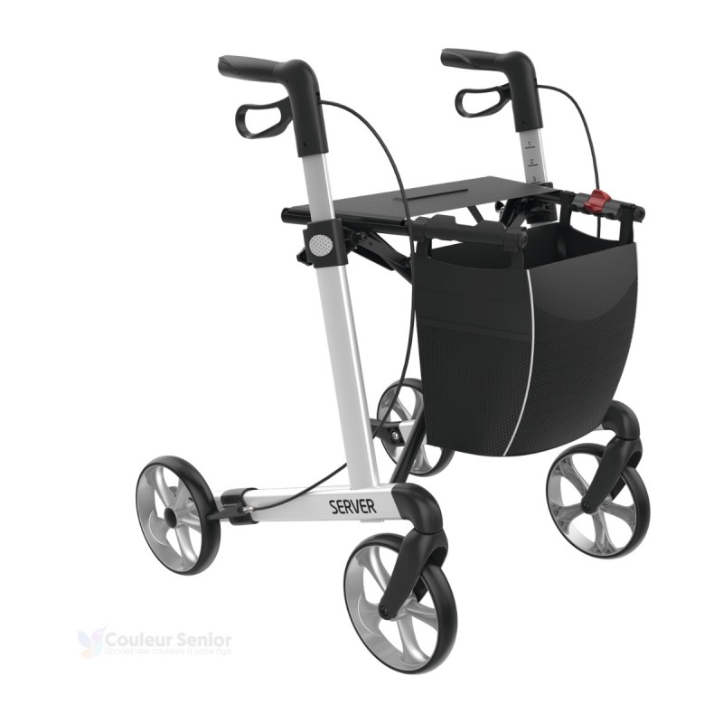 Le rollator premium Rehasense Server blanc est un déambulateur à 4 roues idéal pour les seniors.