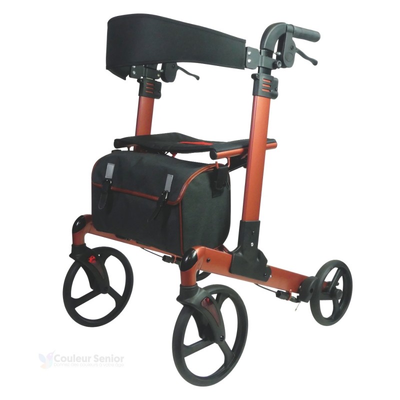 Ce déambulateur robuste Neo Fold terracotta, taille L, supporte 136 kg pour plus de 2 m.