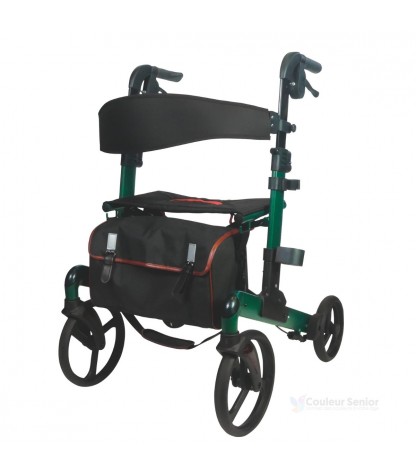 Ce déambulateur à 4 roues Neo Fold vert est robuste et idéal pour se déplacer à l'extérieur.