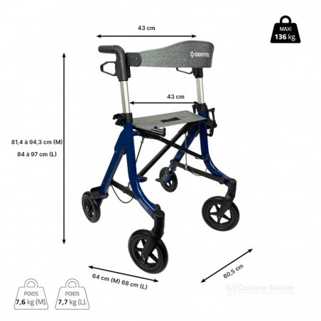 Déambulateur à 4 roues pliable en largeur et en profondeur, très stable, supportant 136 kg.