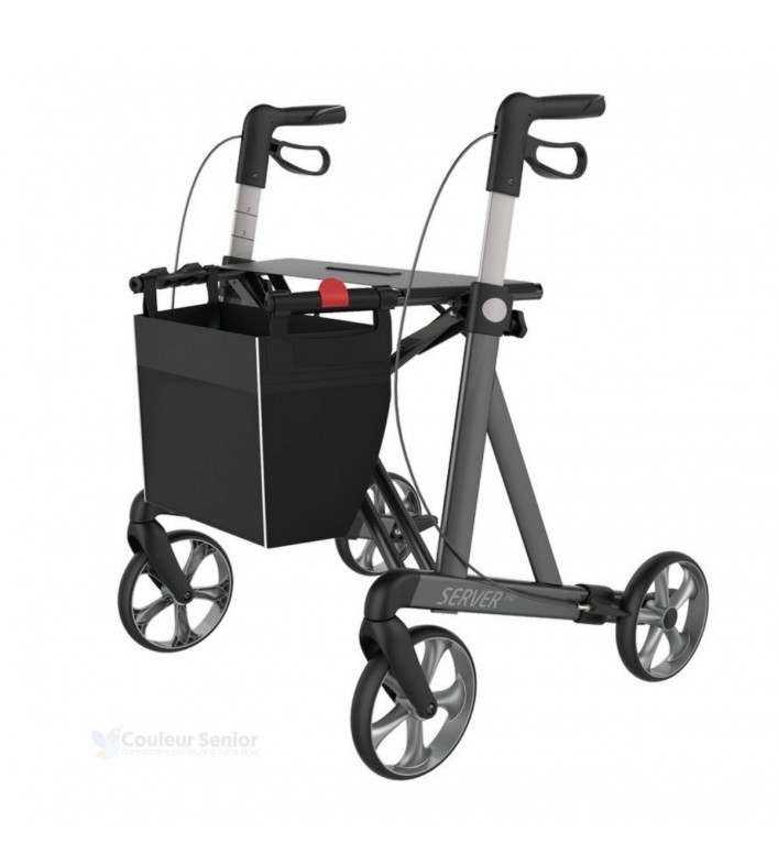 Ce déambulateur à 4 roues XL Rehasense, gris satellite, très stable, supporte jusqu'à 200 kg.