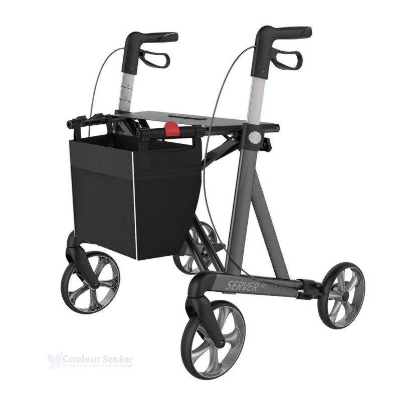 Ce déambulateur à 4 roues XL Rehasense, gris satellite, très stable, supporte jusqu'à 200 kg.