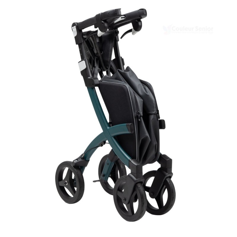 Rollz Flex vert: déambulateur robuste de 7,4 kg, poignées réglables, siège et sac de courses.