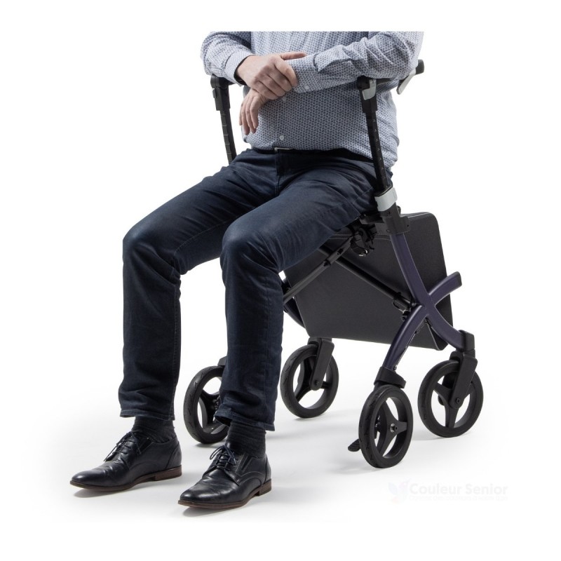 Déambulateur solide Rollz Flex violet, avec roues à 360°, sac de courses et remboursement sécu.