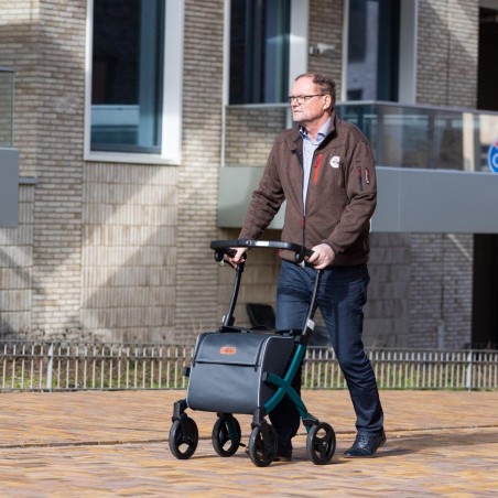 Déambulateur Rollz Flex vert élégant: roues 360°, siège, sac de courses. Remboursable Sécu.