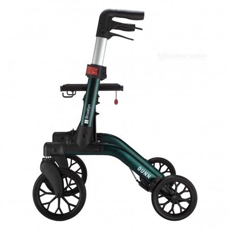 Vue latérale droite du déambulateur Brooklyn vert à pneus souples, 4 roues pour l’extérieur.