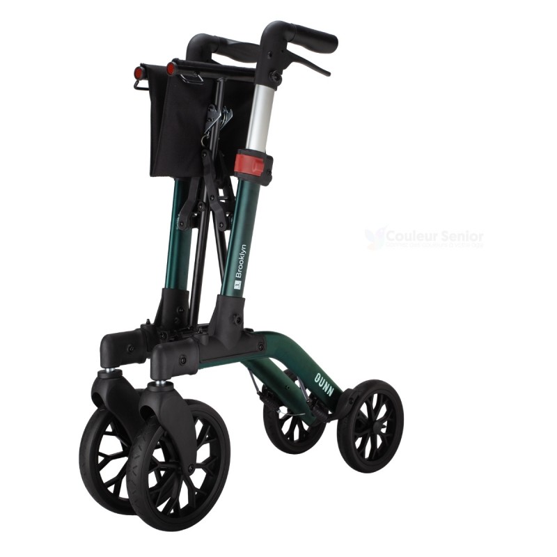 Rollator Brooklyn vert plié, rangement facile à domicile, prise en charge par la sécurité sociale.