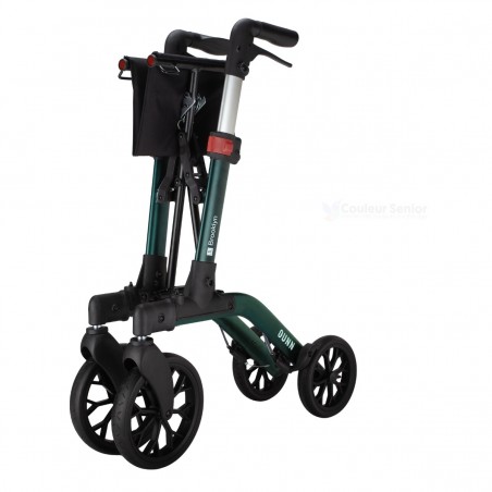 Rollator Brooklyn vert plié, rangement facile à domicile, prise en charge par la sécurité sociale.