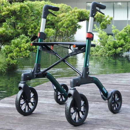 Déambulateur pliable Brooklyn vert face au lac, votre allié élégant pour les sorties nature.