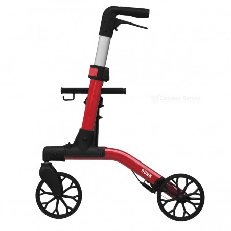 Profil droit déambulateur Brooklyn rouge Quun avec siège pratique, supporte jusqu'à 136 kg.