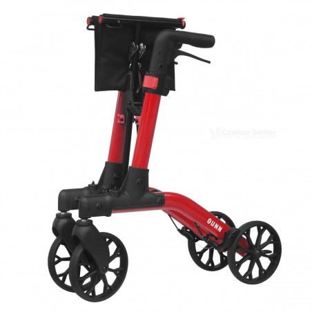 Déambulateur Brooklyn Quun rouge plié avec système de double pliage, idéal pour le coffre d’auto.