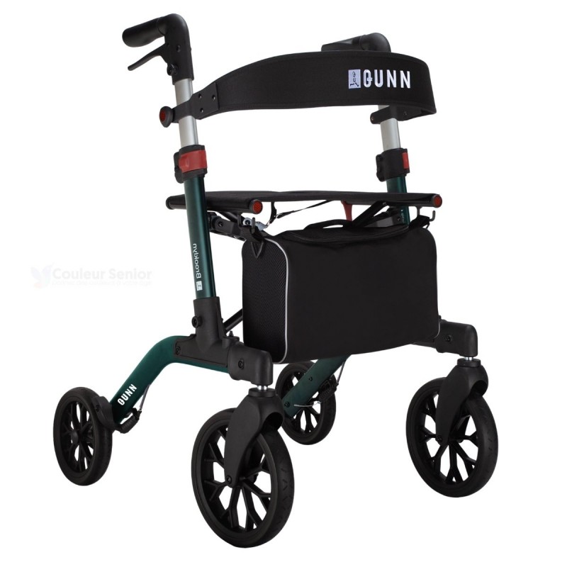 Déambulateur Brooklyn vert à pneus souples, élégant, avec 4 roues pour l’extérieur, sac et dossier inclus.