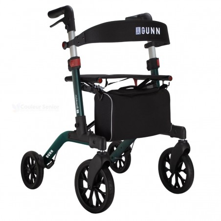 Déambulateur Brooklyn vert à pneus souples, élégant, avec 4 roues pour l’extérieur, sac et dossier inclus.