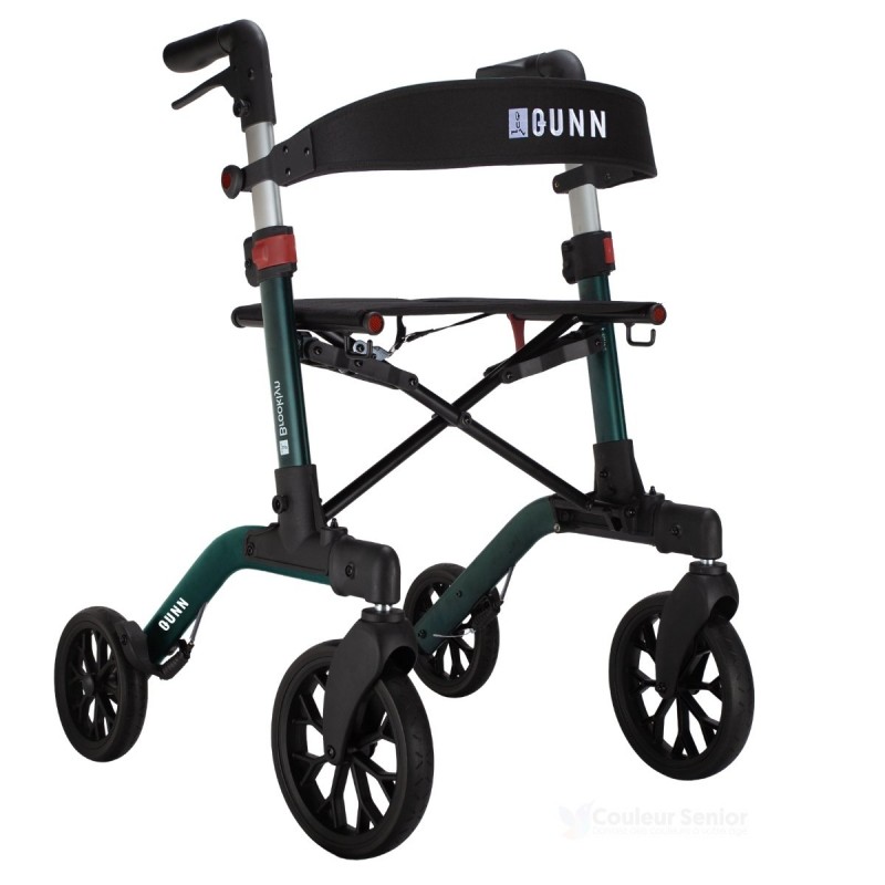 Déambulateur en aluminium Brooklyn vert, de haute qualité, de la marque Quun de Mobio, robuste et pesant 7,8 kg.
