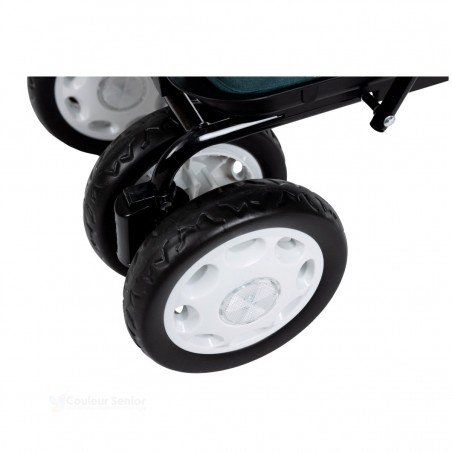 Roues pivotantes à double roue du déambulateur Lett 900, silencieuses, pour circuler sans effort.