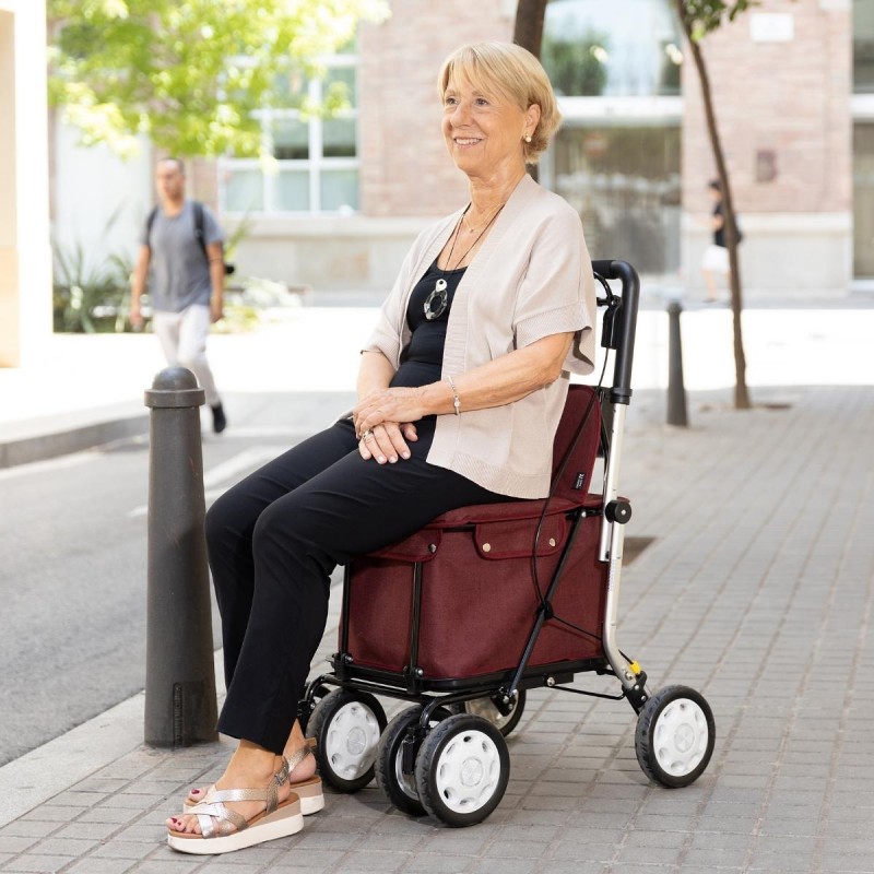 Femme assise sur le chariot de course Lett 900, idéal pour faire une pause lors des courses, cadeau pratique et utile.