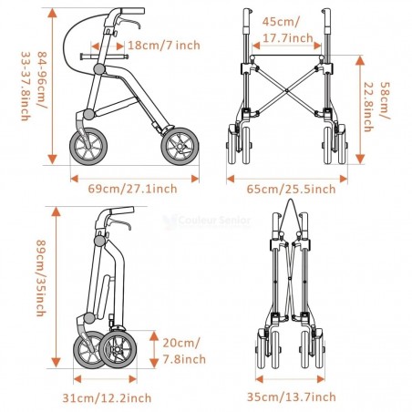 Dimensions du déambulateur Trive ultra-compact. Remboursé par la sécurité sociale.