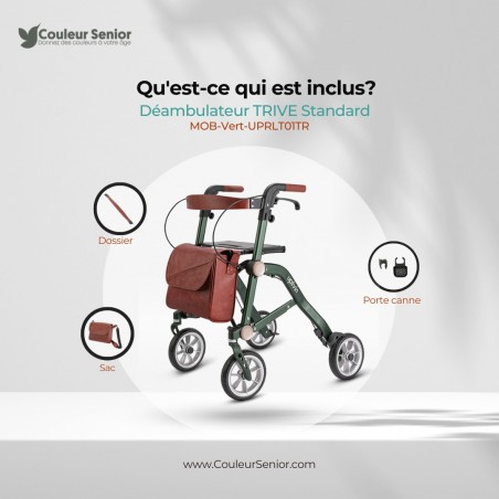 Deambulateur Trive vert avec sac, dossier et porte-canne inclus. Remboursé par la sécurité sociale.