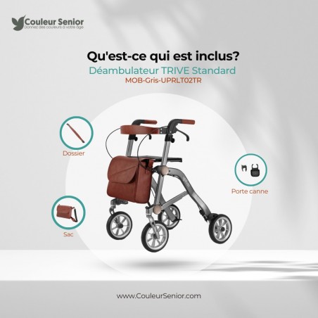 Deambulateur Trive gris avec sac, dossier et porte-canne inclus. Remboursé par la sécurité sociale.