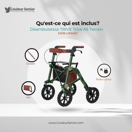 Déambulateur à 4 roues Trive All Terrain avec sac, dossier et porte-canne inclus. Remboursé par la sécurité sociale.