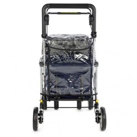 Housse de pluie installée sur le rollator Lett900. Mise en place facile par une personne âgée.