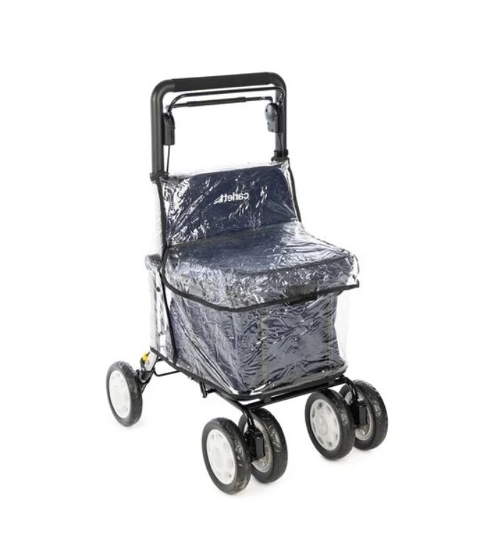 Housse de pluie pour déambulateur Carlett Lett900 de profil. Protection imperméable pour le senior.