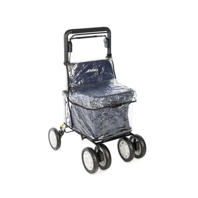 Housse de pluie pour déambulateur Carlett Lett900 de profil. Protection imperméable pour le senior.