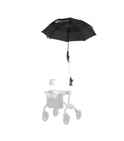 Parapluie mains libres fixé sur déambulateur SALJOL pour la pluie.