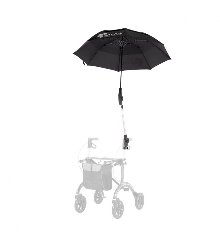 Parapluie mains libres fixé sur déambulateur SALJOL pour la pluie.
