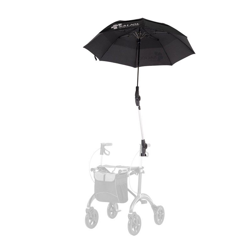 Parapluie mains libres fixé sur déambulateur SALJOL pour la pluie.